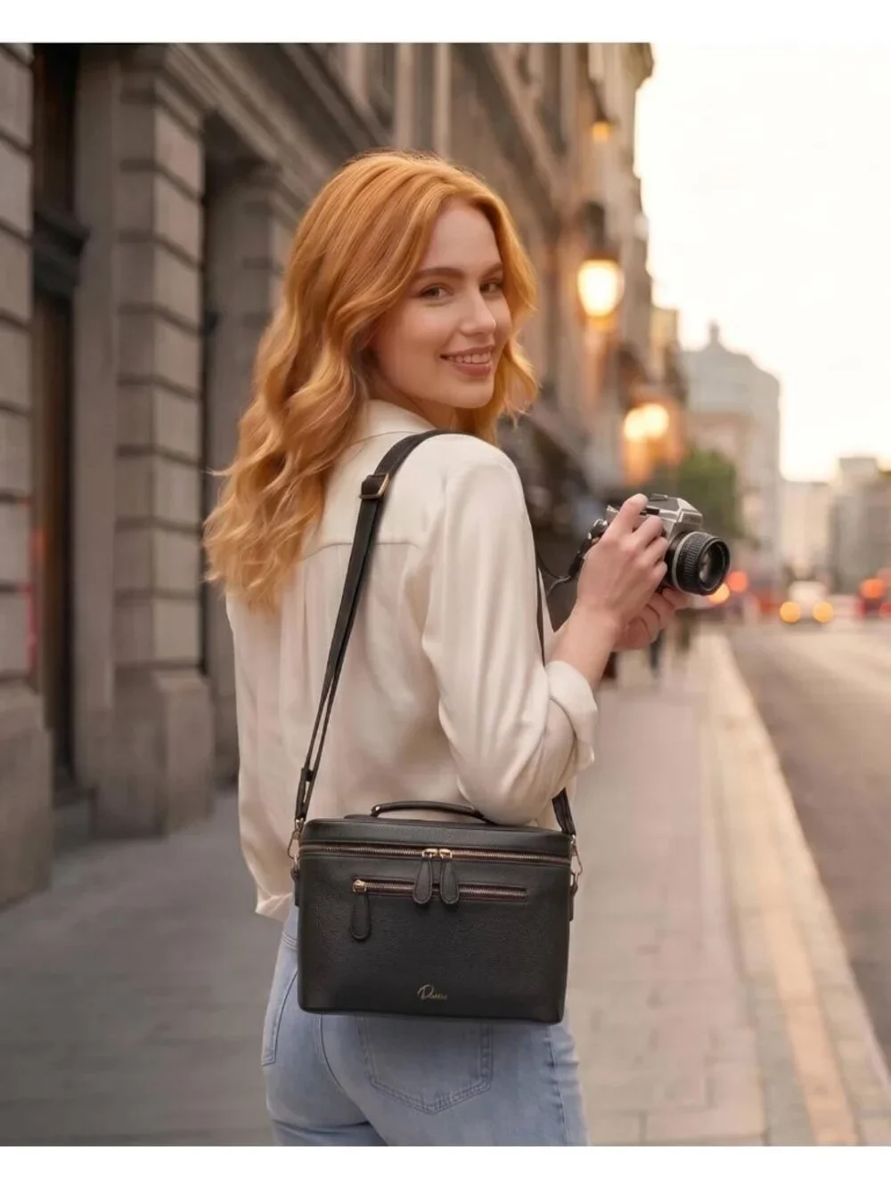 Waterproof Crossbody Camera Sling Bag, PU Leather Small Shoulder Case for DSLR